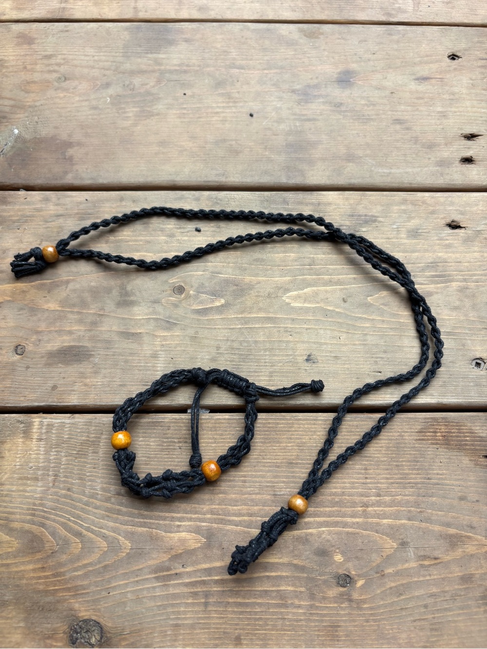 Black Crystal Necklace and Bracelet Set with Wood Beads